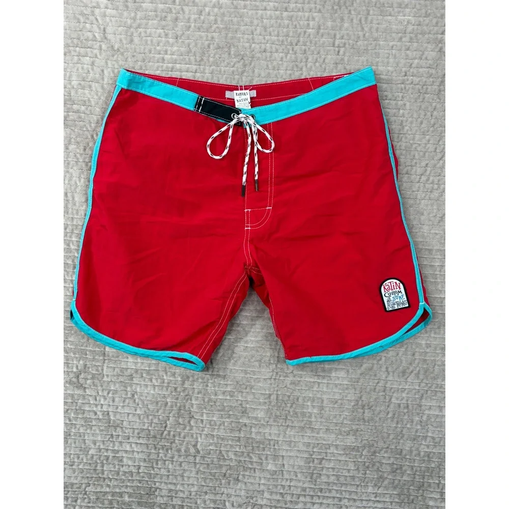 Kanvas by Katin Mens Red Turquoise Nylon Custom Surf Trunks Board Shorts Size 32